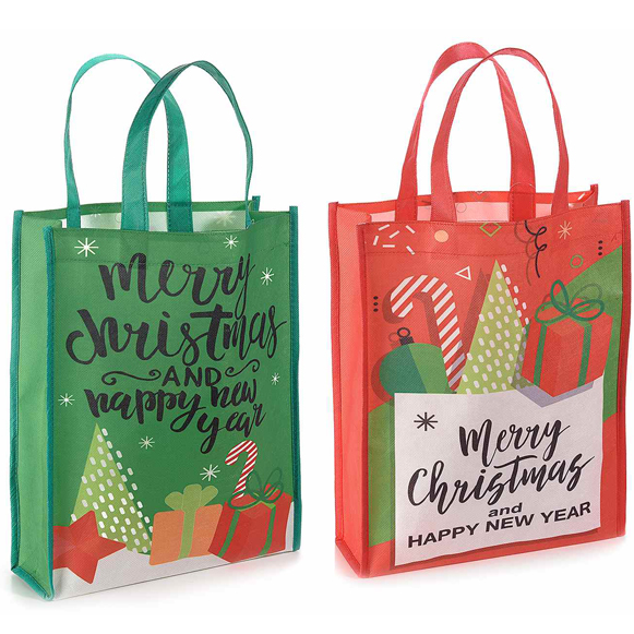 16Pz Borse natalizie con scritta Merry Christmas in TNT colorato cm 27x8,5x34 H